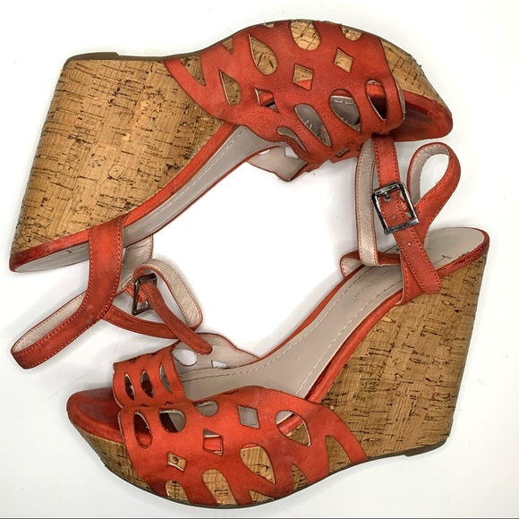 Vintage BCBGeneration Cutout Orange Suede Cork Wedge Sandals - Picture 2 of 5